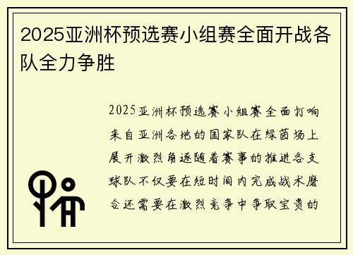 2025亚洲杯预选赛小组赛全面开战各队全力争胜 2025亚洲杯预选赛小组赛全面开战各队全力争胜
