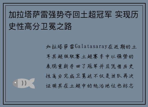 加拉塔萨雷强势夺回土超冠军 实现历史性高分卫冕之路 加拉塔萨雷强势夺回土超冠军 实现历史性高分卫冕之路
